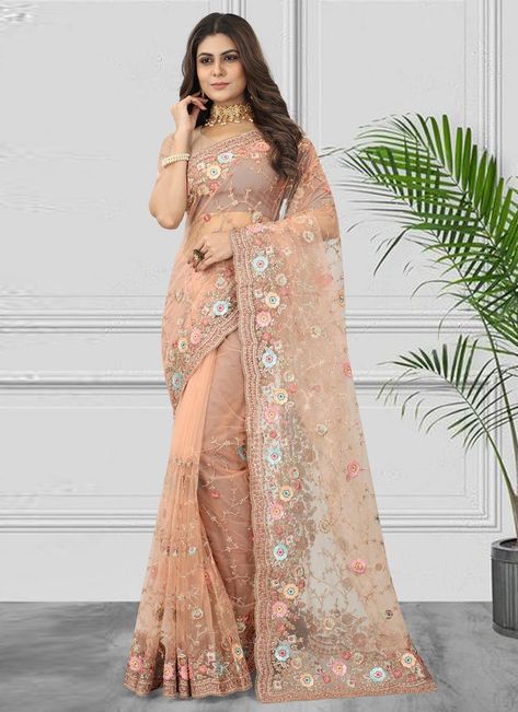 Peach Color Sequins Work Net Classic Saree Diwali Mehendi, Saree For Engagement, Peach Color Saree, Classic Saree, Peach Saree, Engagement Reception, Peach Colour, Indian Designer Sarees, Peach Blouse