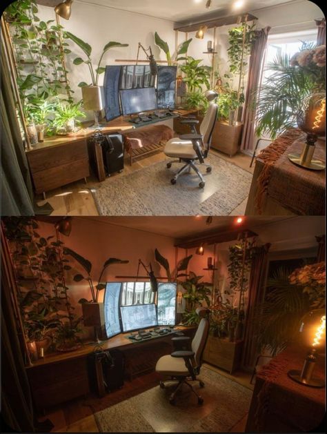 Brown Desk Gaming Setup, Plant Themed Gaming Setup, Industrial Gaming Setup, Classy Gaming Room, Nature Themed Gaming Setup, Academia Gaming Setup, Earthy Gamer Setup, Forest Aesthetic Living Room, Wood Pc Setup