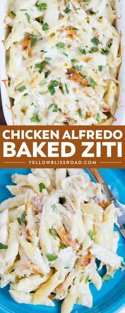 Chicken Alfredo Baked Ziti - an incredibly easy and filling weeknight dinner. via @yellowblissroad Ziti Alfredo, Recipe Alfredo Sauce, Chicken Alfredo Baked Ziti, Alfredo Baked Ziti, Chicken Ziti, Weight Watchers Pasta Recipes, Chicken And Pasta, Chicken Alfredo Bake, Ziti Recipe