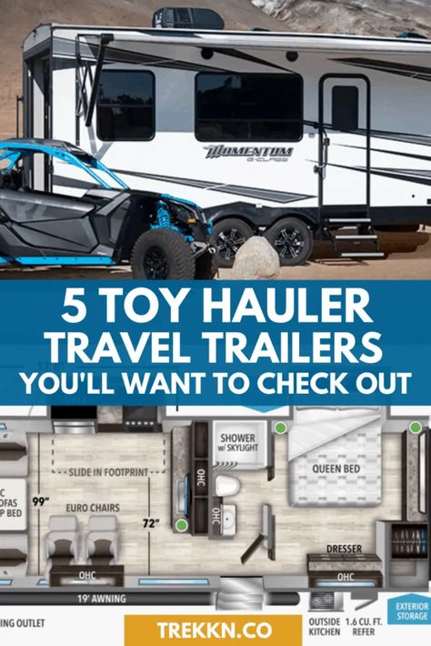 Summer is here and we’re all ready to get out and have some fun, right? Whether you’re an ATV enthusiast, insatiable cyclist, whitewater kayaker or just about anything else that requires gear, you need a place to rest your head and store your equipment. Thankfully, the RVing community came up with a solution: toy hauler travel trailers! Check out these top models for 2020. #toyhauler #traveltrailer #RVcamping #RVing Travel Trailer Accessories, Toy Hauler Trailers, Toy Hauler Camper, Toy Hauler Travel Trailer, Travel Trailer Living, Towing Vehicle, Trailer Living, Kayak Camping, Rv Living Full Time