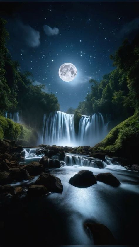 Waterfalls At Night, Moonlit Waterfall, Waterfall At Night, Night Waterfall, Wash Shower Curtain, Paint Decor, Wallpaper Marble, Marble Sticker, Waterfall Wallpaper