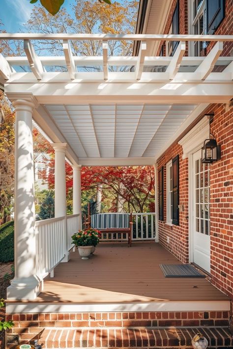 Charming Front Porch Ideas for Red Brick House Porch Railing Brick House, Brick House Back Porch, Red Brick Front Porch Decorating Ideas, Front Porch Ideas Brick House, Traditional Red Brick Home Exterior, Brick House Porch, Brick House With Porch, Red Brick Porch, Front Porch Without Roof