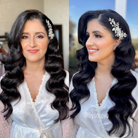 Elegant bride with hollywood waves and airbrush makeup. Hollywood Waves Indian Bride, Bridal Hollywood Waves With Headpiece, Bollywood Waves, Holiwood Wave Hair, Hollywood Waves Wedding, Destination Wedding Engagement Photos, Wedding Artist, Long Hair Waves, Makeup Bride