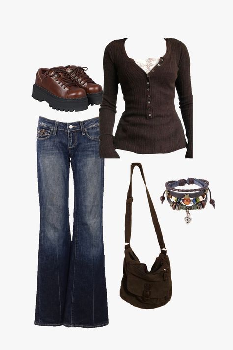 brown outfit lowrise flared jeans downtown girl aesthetic Twilight Outfits, 00s Mode, 2000s Outfit, Outfits 2000s, Downtown Outfits, Chique Outfits, 2000s Outfits, 2000s Fashion Outfits, Bella Swan