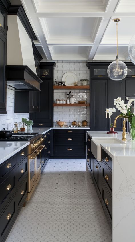 Small Contemporary Kitchen, Dramatic Interior, Contemporary Kitchen Ideas, Arabesque Tile Backsplash, Narrow Kitchen Island, Arabesque Tile, Narrow Kitchen, Organic Elements, Open Concept Layout