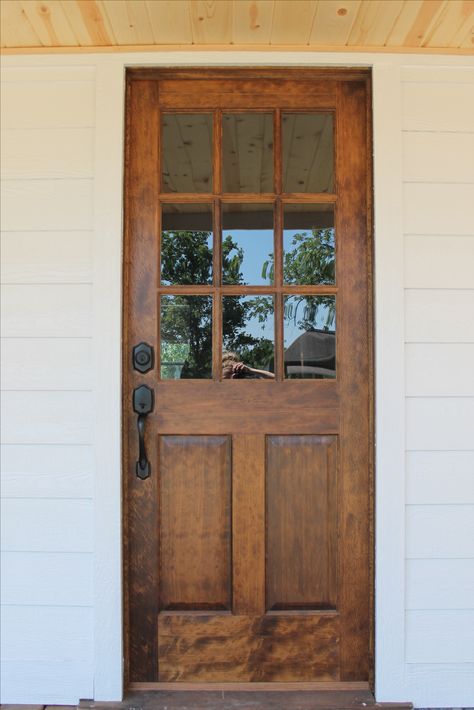 Im in love with our new front door. Solid Hardwood Door with windows. White Siding. Wood Beadboard. Natural Wood Doors Exterior, Antique Farmhouse Front Door, Wooden Stained Glass Front Door, Wooden Back Door, Half Light Front Door, Wooden Door With Window, Single Wood Front Door, Vintage Wood Front Door, Cedar Door Front Entry