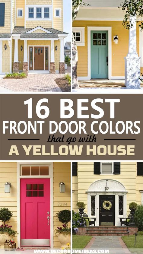 Front Door Colors With Light Yellow Siding, Black Front Door Yellow House, Yellow House Colored Door, Exterior Yellow House Colors, Exterior House Colors Yellow Siding, Modern Yellow House Exterior, Front Door Color Cream House, What Color Shutters For Yellow House, Front Door With Yellow House