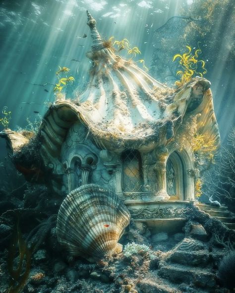 Fantasy Sea Kingdom, Sea Castle Aesthetic, Water Fantasy World, Ocean Faerie, Fantasy Water Kingdom, Mermaid House Underwater, Merfolk Aesthetic, Rhea Goddess, Underwater Fairy