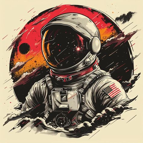 The image shows an astronaut with a retro helmet and spacesuit. The astronaut is standing on a planet with a red sky and a moon in the background ->> more details in ai-img-gen.com Astronaut Helmet Illustration, Astronaut Holding Earth, Astronaut On Moon, Alien Illustration, Astronaut Artwork, Alien Astronaut, Circular Background, Holding A Camera, Astronaut Drawing