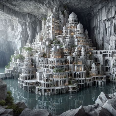 Stone City Concept Art, Fantasy Places City, Fantasy City Art, Subterranean City, Marble City, Fantasy Cities, Hidden City, Underground City, Cave City