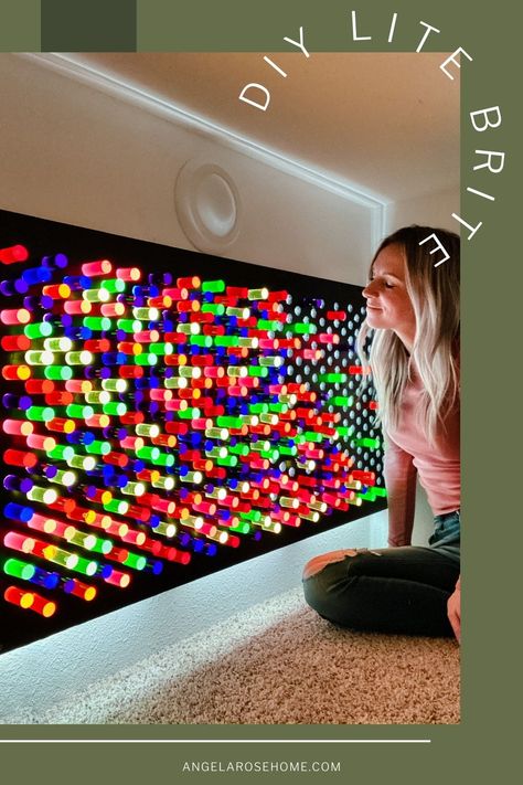 I surprised my kids with this DIY giant lite bright. Let me show you how I did it! Life Size Light Brite Diy, Lite Bright Wall, Cool Lights For Kids Room, Giant Lite Brite Wall Diy, Diy Office Board, Led Lights In Office, Fun Classroom Lighting, Fun Playroom Lighting, Diy Light Board