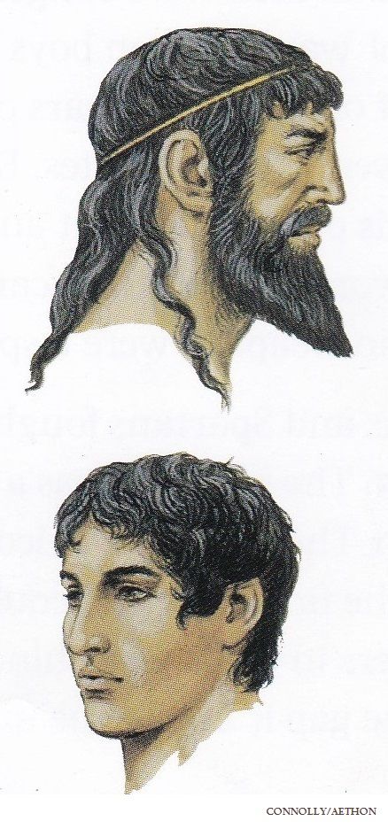 Ancient Athenian Men's Hairstyles, circa 5th century BC. (Peter Connolly/Greece/user: Aethon) Ancient Roman Hairstyles Men, Ancient Rome Hairstyles, Ancient Greek Hairstyles Men, Greek Hairstyles Men, Ancient Greece Hairstyles, Greek Warrior Aesthetic, Ancient Greek People, Ancient Greek Men, Greece Hairstyles