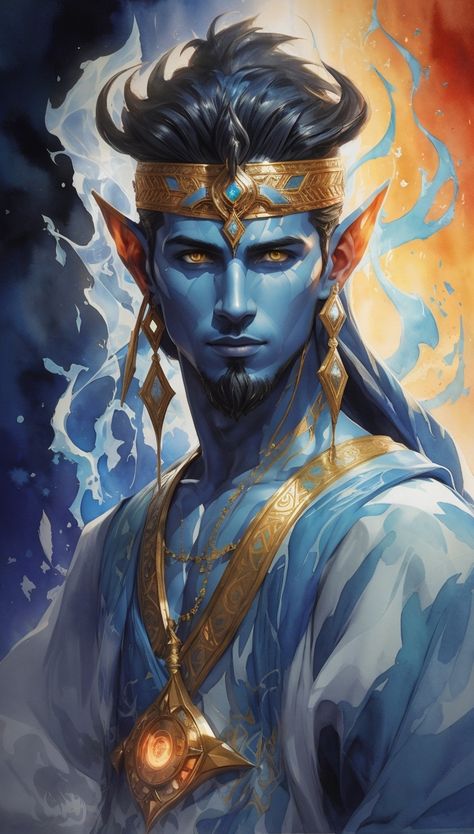 A Djinn is a blue-skinned magical being with pointed ears, masculine, sharp focus Djinni Dnd, Water Elemental Male, Male Genie Art, Blue Skin Character Design, Dnd Genie, Air Genasi Male, Water Genasi Male, Djinn Art, Ifrit Djinn