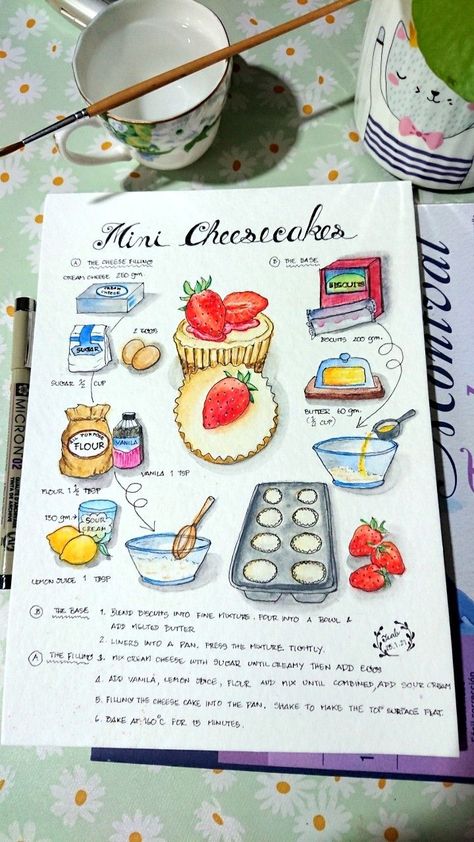 Recipe Art Journal, Hand Drawn Recipe Book, Recipes Aesthetic Book, Cute Recipe Book Ideas, Aesthetic Recipes Notes, Recipe Drawing Food Illustrations, Aesthetic Cookbook, Cute Cheesecake, Aesthetic Recipe Book