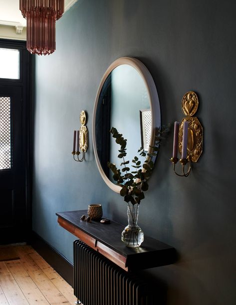 Classic Hallway, Bright Paint Colors, Oval Room Blue, Dark Hallway, Grand Hall, Hallway Design, Farrow And Ball Paint, Bright Paintings, London House