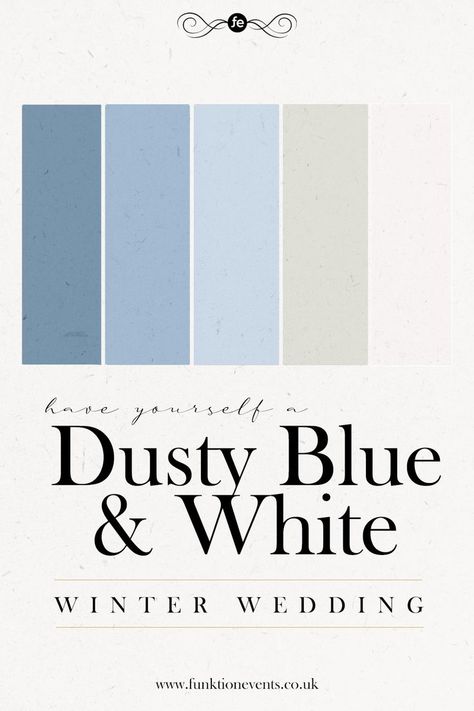 Can’t decide on which colours to pick for your winter wedding? If you like our dusty blue & white theme, you take a look at more of our top colour picks here! #winterwedding #weddingtheme #weddingcolours #weddingcolourschemes #bluewedding #weddingplanning Winter Blue And White Wedding, Winter Dusty Blue Wedding, Christmas Decor Blue And White, Winter Wedding Light Blue, Dusty Blue Wedding Theme Color Schemes, Blue Winter Wedding Theme, Blue And Grey Wedding Theme, Ice Blue Winter Wedding, Dust Blue Wedding