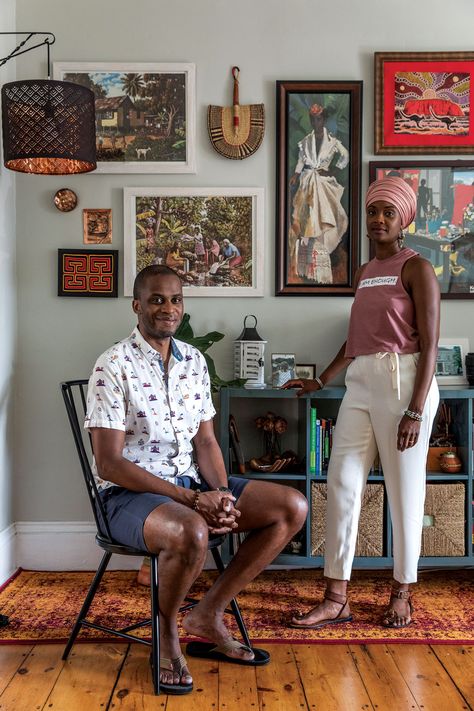 In a gallery-like corner of their dining room, Portlanders Jean-Raymond “Gino” Desruisseaux and Marcelle Medford cultivate a Caribbean influence. Harlem Apartment Decor, Afrocentric Gallery Wall, Haitian Home Decor, African Gallery Wall, Gallery Home Design, Caribbean Living Room Decor, Afro Boho Dining Room, African Inspired Interior Design, Black Art Gallery Wall