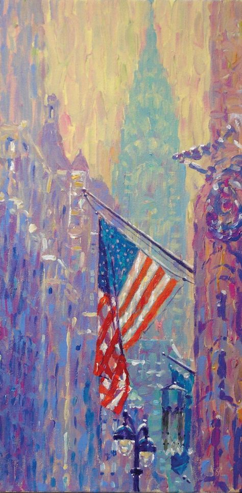 "\"American Flag and Chrysler Building, View from Lexington Ave.\" is a fine art giclée print of an original painting by Robert Padovano. This painting depicts the American Flag hanging from the facade of the GE Building on Lexington Ave. in Manhattan in the bright afternoon light. Really wanted an Impressionistic effect with this one, keeping the brush stokes very thick and the background buildings diffused to accentuate the bold colors of the flag. I love the effect of the translucent folds of Abstract American Flag Painting, Us Flag Art, America Painting, American Flag Artwork, Cabin Painting, Bookmark Images, Flag Artwork, American Flag Painting, Building View