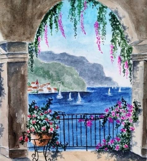 Greece Painting, Watercolor Scenery, Italy Painting, Art Painting Gallery, 수채화 그림, Nature Art Painting, Mini Canvas Art, Art Inspiration Painting, Painting Art Projects