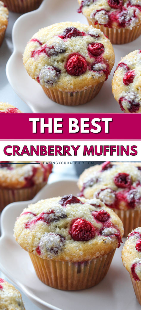 Best Cranberry Muffins, every bite is packed with tangy cranberry and the festive pops of red are bright and pretty for the holidays! Yummy Muffins Recipes, Cranberries Muffins Recipes, Recipes That Use Cranberries, Cranberry Chocolate Chip Muffins, Uses For Fresh Cranberries, Cranberry Blueberry Muffins, Baking With Cranberries, How To Eat Cranberries, Holiday Muffins Recipes