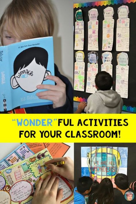 Wonder activities for the classroom that are "wonder" ful! Make sure you get your freebie!!! We’re All Wonders Activities, Wonder Art Project, Wonder Rj Palacio Activities, Wonder Book Activities, Wonder Bulletin Board, Teaching Wonder, Wonder Novel, Wonder Activities, Art With Jenny K