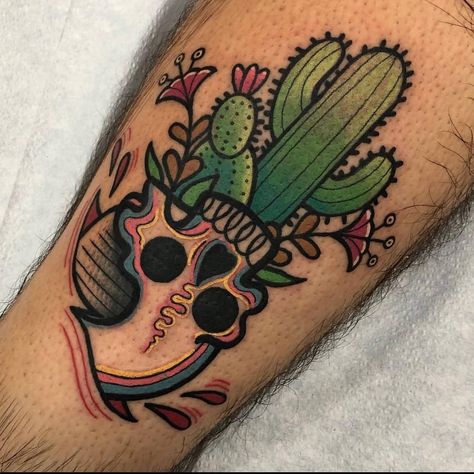 Cactus Leg Tattoo, Old School Cactus Tattoo, Skull With Cactus Tattoo, Simple Cactus Tattoo, Traditional Cactus Tattoo, Cactus Tattoo Design, Cactus Sleeve, Dave Tattoo, Tattoo Cactus