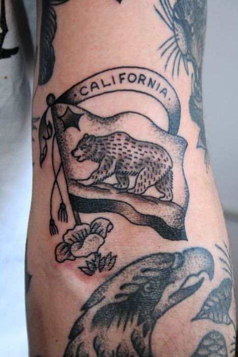 Bear Flag Museum: One of Many California Flag Tattoos California Bear Tattoo, California Bear Tattoos, Flag Tattoos, California Tattoo, Bear Flag, Octopus Tattoos, California Flag, Flag Tattoo, California Bear