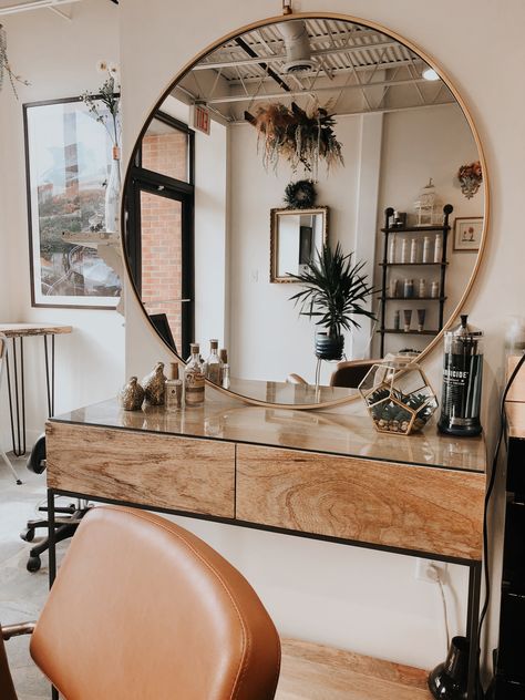 Vintage Hair Salons Ideas, Boho Hair Salon Station, Circle Salon Mirror, Eclectic Salon Suite Decor, Rattan Salon Decor, In Home Hair Studio, Boho Salon Station Ideas, Aesthetic Hair Salon Ideas, Round Mirror Salon Station