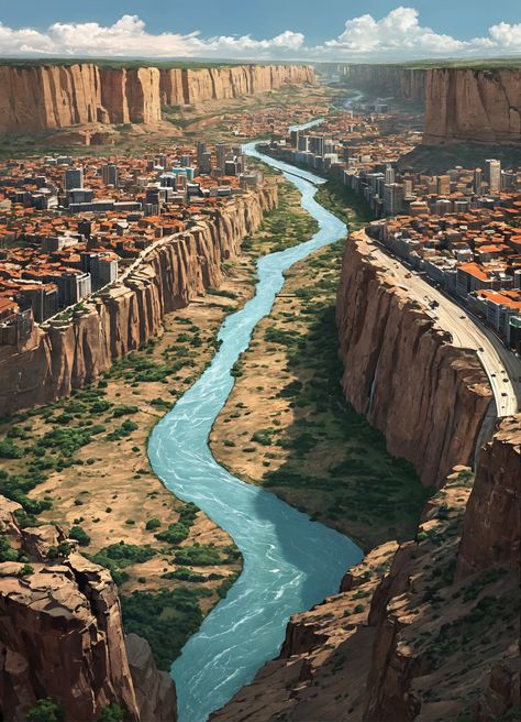 Explore the splendor of an administrative city nestled in a canyon with a flowing river separating it from another part of the country. Admire the towering flagpole at the city center 🏛️🏞️🚩 Fantasy Canyon City, Cliff City, Fantasy Canyon, Desert River, Canyon City, Fantasy Buildings, Flowing River, City Artwork, Mountain City