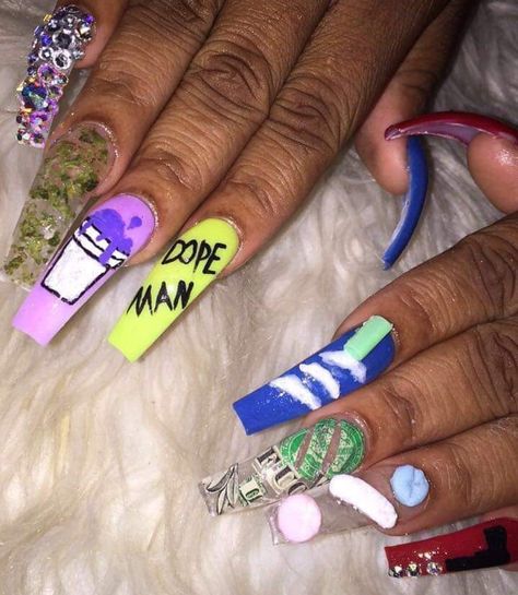 Ohgeesy Inspired Nails, Trap Nails Designs, Backwood Nails, Hood Rat Nails, Trap Nails, Trap House Cartoon, Pretty Girls Like Trap Music, Evil Eye Nails, Queen Nails