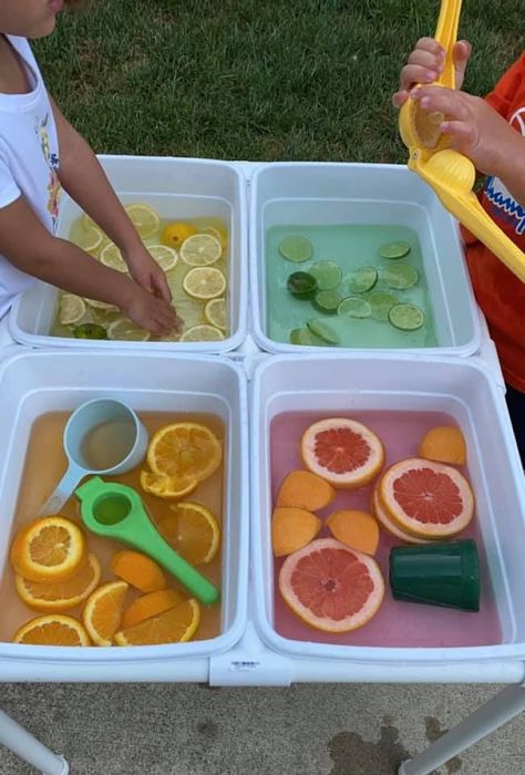 Water Table Provocations, Summer Childcare Activities, Infant Water Play Activities, Water Table Kindergarten, Messy Play Activities For Preschoolers, Citrus Sensory Bin, Messy Play Eyfs Activities, Fruit Tuff Tray Ideas, Sensory Table Water Play