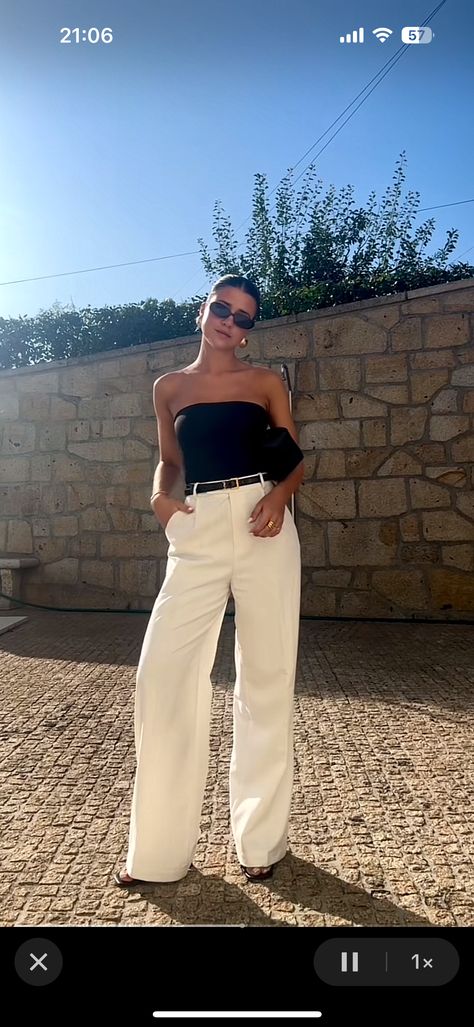 White Fitted Pants Outfit, White Tie Up Heels Outfit, Summer Drinks Outfit Casual, High End Summer Outfits, Business Casual Beach Outfits, Satin Tube Top Outfit, White Suit Pants Outfit, Italy Outfit Ideas Spring, Las Vegas Outfit Spring Casual