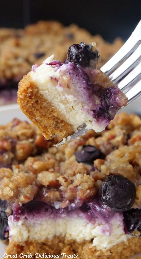 A bite of blueberry cheesecake on a fork. Blueberry Recipes Easy, Blueberry Desserts Recipes, Blueberry Cheesecake Bars, Rich Cheesecake, Pecan Topping, Blueberry Topping, Cheesecake Bar Recipes, Blueberry Desserts, Summer Baking