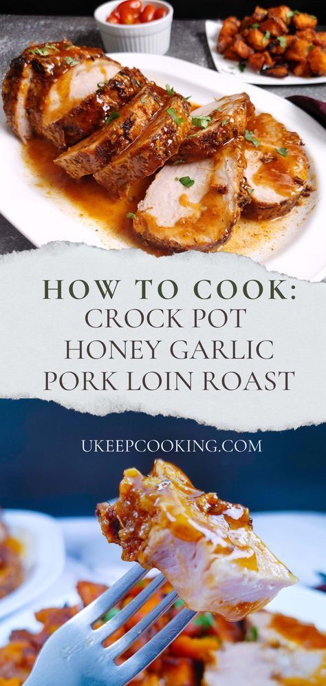 Indulge in the juiciest Crock Pot Honey Garlic Pork Loin Roast that's bursting with flavor! This easy recipe promises tender pork infused with a delectable honey garlic glaze, perfect for busy weeknights or cozy family dinners. Let your slow cooker do the work while you savor the irresistible aroma and enjoy a hassle-free meal! Honey Garlic Pork Loin, Pork Loin Roast Crock Pot, Garlic Pork Loin, Pork Lion Recipes, Honey Garlic Glaze, Pork Loin Crock Pot Recipes, Pork Roast Crock Pot Recipes, Honey Garlic Pork, Crockpot Pork Loin