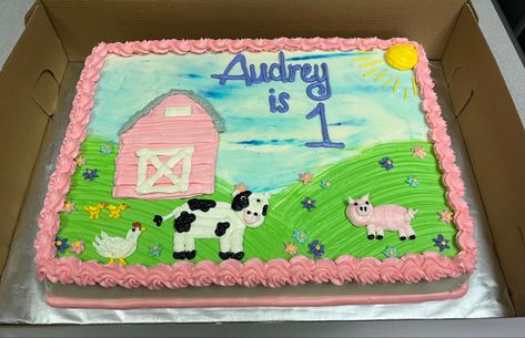 Girl Farm Birthday Party, Farm Birthday Cake, Girls Farm Birthday, Farm Birthday Cakes, Barnyard Cake, Cow Birthday Parties, 2nd Birthday Party For Girl, Farm Theme Birthday, Birthday Sheet Cakes