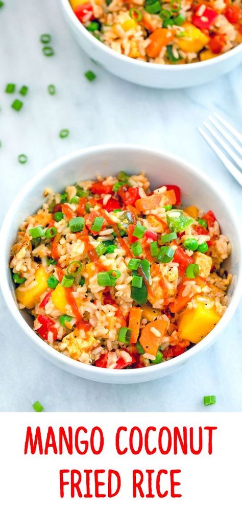 Coconut Brown Rice, Coconut Fried Rice, Colorful Veggies, Vegetarian Ideas, Summer Eats, Vegetarian Foods, Marinated Tofu, Mango Recipes, Mango Coconut