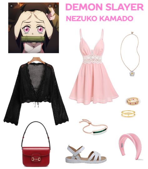 Another creation - Embrace the serene charm and inner strength of Nezuko Kamado from Demon Slayer with this elegant anime-inspired ensemble! A pink dress paired with a cropped black cardigan captures Nezuko's gentle yet determined spirit. This look exudes a perfect balance of grace and power, reflecting the remarkable journey of our demon-turned-human sister. Step into Nezuko's world and showcase your own inner grace with this Nezuko Kamado-inspired outfit. 🌸🖤 Nezuko Outfit Inspired, Demon Slayer Outfit Inspired, Nezuko Outfit Ideas, Anime Inspired Outfits Demon Slayer, Nezuko Inspired Outfit, Nezuko Clothes, Anime Inspired Outfits Aesthetic, Outfits Inspired By Anime Characters, Demon Slayer Inspired Outfits