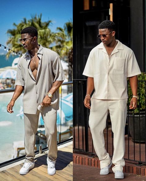 Audrey Lunda Dominican Republic Outfits Men, Elevated Casual Outfit Men, Two Piece For Men, Black Men Casual Style, Men Casual Outfit, Brown Instagram, Vacation Outfits Men, Boyfriend Outfit, White Two Piece