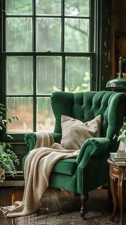 Peaceful Reading, Cream Throw Blanket, Reading Armchair, Green Velvet Chair, Fancy Chair, Velvet Wingback Chair, Wicker Rocking Chair, Cream Throw, Cozy Reading Corners