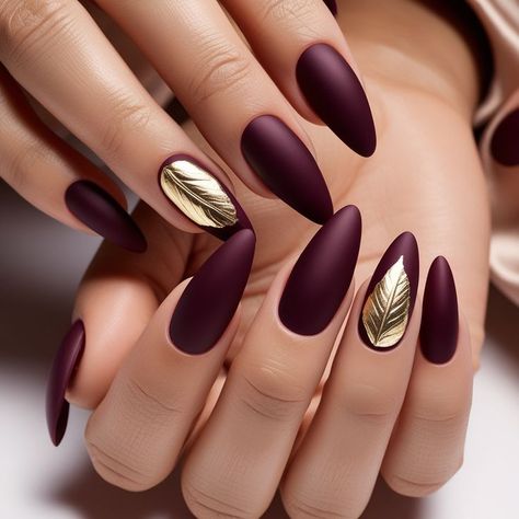 Wine And Gold Nails Designs, Maroon And Tan Nails, Hindu Nails, Matte Burgundy Nails With Gold, Matte Autumn Nails, Burgundy Gold Nails, Eggplant Nails, Burgundy Nails With Gold, Matte Burgundy Nails