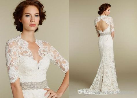 Wholesale Sheath Wedding Dresses - Buy High Fashion Lace Pretty Column Half Sleeves a Little Sweep Train Deep V-neck Wedding Dresses Beaded in Waist Garden Wedding Brdal Gowns, $185.35 | DHgate Bridal Bolero Jacket, Wedding Jackets, Wedding Cloak, Grey Wedding Dress, Lace Applique Wedding Dress, Bridal Bolero, Lace Bride, Wedding Jacket, Backless Wedding