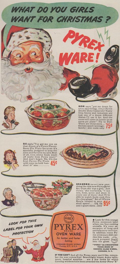 Christmas Pyrex, Vintage Christmas Ads, Christmas Ads, Kitchen Illustration, Christmas Advertising, Pyrex Collection, Illustration Christmas, Vintage Kitchens, Vintage Christmas Images