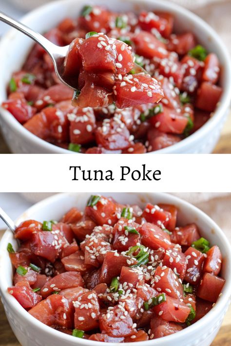 Fresh, sushi grade tuna marinaded in an Asian inspired marinade with crunchy green onions and crispy sesame seeds. Tuna Poke is perfect when eaten by itself but also delicious when put on top of avocado toast! #poke #sushigradetuna #glutenfree #appetizer #lunch #dinner Ahi Tuna Marinade, Tuna Sushi Bowl, Tuna Poke Recipe, Tuna Marinade, Glutenfree Appetizer, Fresh Tuna Recipes, Tuna Poke Bowl Recipe, Ahi Tuna Poke, Sushi Grade Tuna