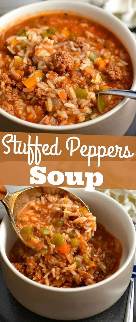 This stuffed peppers soup recipe is made with a variety of fresh ingredients including ground beef, fresh vegetables, and rice. You can use homemade broth for even more flavor. It's a great comfort food version of the classic dish! #beef #groundbeef #rice #soup #dinner #easydinner Stuffed Peppers Soup, Homemade Stuffed Peppers, Stuffed Pepper Soup Recipe, Pepper Soup Recipe, Homemade Broth, Stuffed Pepper, Pepper Soup, Chicken Stuffed, Country Cook