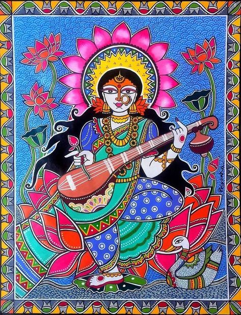 Saraswati Painting Modern Art, Madhubani Saraswati Painting, Traditional Folk Art Painting, Indian Mythology Art Paintings, Saraswati Madhubani Painting, Traditional Paintings Indian Folk Art, Indian Art Paintings Traditional, Madhubani Paintings Traditional, Indian Folk Art Madhubani