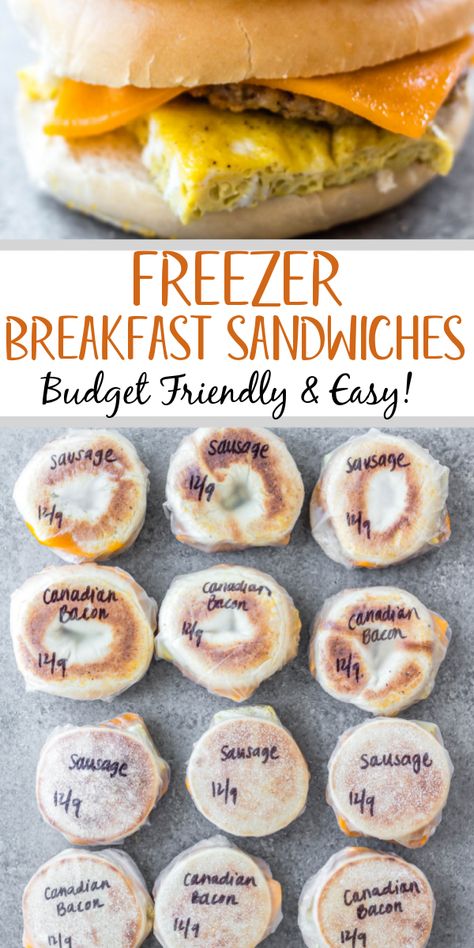 These make ahead freezer breakfast sandwiches are easy, delicious and budget friendly. They're made with baked eggs, your choice of Canadian bacon, sausage patties or bacon, and bagels or english muffins. Having a stash of quick breakfast options that you can grab and go makes early mornings so much easier. They're also a great gift for a new mom or someone recovering from surgery! You can take them to work, to go camping, while traveling, and more! #freezerrecipes #freezerbreakfast Make Ahead Freezer Breakfast, Premade Breakfast, Freezer Breakfast Meals, Sausage Breakfast Sandwich, Breakfast Sandwiches Frozen, Healthy Breakfast Sandwich, Bagel Breakfast Sandwich, Sausage Patties, Breakfast Sandwich Recipes