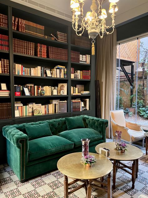 Floor To Ceiling Bookshelves, Green Velvet Armchair, Trendy Throw Pillows, Contemporary Chandelier, Minimalist Furniture, Velvet Armchair, Smart Storage, L Shaped Sofa, Beirut