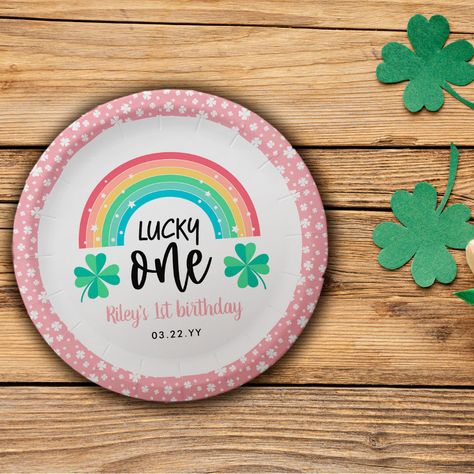 Lucky One First Birthday Centerpieces, Lucky One Birthday Party, Lucky One First Birthday, Lucky One Birthday, Pink Purple Party, Birthday Paper Plates, Pink Clover, Pretty Rainbow, Birthday Party Design