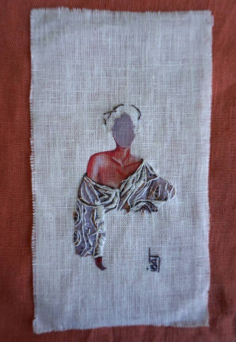 Original contemporary mixed media artwork by Isabelle Joubert (France). This one-of-a-kind textile on soft (yarn, cotton, fabric) mixed media artwork measures 11.8W x 11.8 H inches, and is framed, and is ready to hang. The portrait mixed media artwork ships in a box directly from the artist's studio and is covered by the 14-day satisfaction guarantee from Saatchi Art, so you can buy with confidence. Recycled Textile Art, Art With Fabric, Fabric Collage Art, Fabric Mixed Media, Fabric Art Tutorials, Recycled Fabric Art, Contemporary Portrait Artists, Portrait Mixed Media, Mixed Media Textile Art