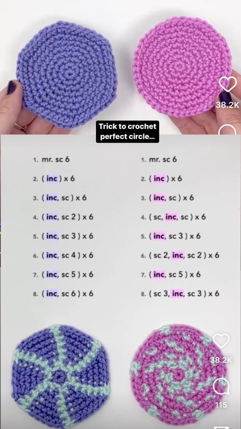 Crochet Circle Pattern, Crochet Hack, Crochet Stitches Guide, Pola Amigurumi, Crochet Design Pattern, Crochet Circles, Beginner Crochet Projects, Crochet Stitches For Beginners, Quick Crochet